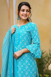 Women's Cotton Printed Kurta Palazzo Dupatta-VKSKD1087E